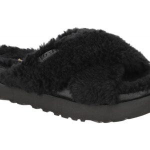 UGG 1120860 BLK FUZZ SUGAR CROSS SLIDE Damen Pantoletten Schwarz bequem & warm
